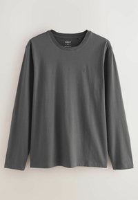 Grijze longsleeve shirt gepresenteerd tegen een lichte achtergrond, met een ronde hals en een klein logo op de borst.