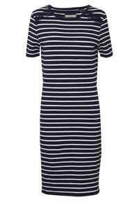 Pasiasta sukienka w niebiesko-białe poziome paski, z krótkimi rękawami, okrągłym dekoltem i koronkowymi akcentami na ramionach.