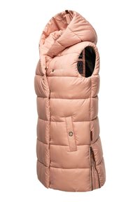 Rosa Puffer-Weste mit hohem Kragen, gestepptem Design, seitlichen Reißverschlüssen und glatter Textur. Verfügt über Knöpfe und ein Logo im Inneren.