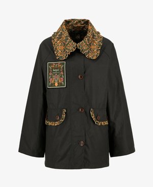 Black jacket with a patterned ruffled collar, decorative front patch, and two front pockets featuring matching accents and brown buttons.