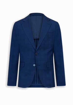 Blazer bărbați croit, de culoare bleumarin, cu rever cu tăietură în V, doi nasturi în față, buzunare cu clapetă și un buzunar piept aplicat, prezentat pe un fundal alb.