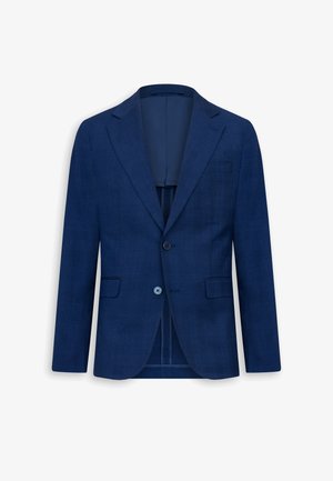 Marineblauer, maßgeschneiderter Herrenblazer mit Kerbkragen, zwei vorderen Knöpfen, Pattentaschen und einer Brusttasche, präsentiert vor weißem Hintergrund.