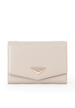 Portafoglio in pelle beige chiaro con un clasp triangolare dorato che presenta il nome del brand "MIRIADE" impresso sulla pattina anteriore.