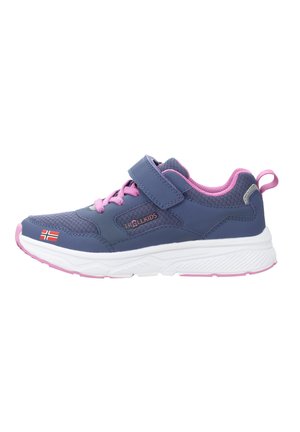 Blue athletic shoe with pink accents, made of synthetic material. Features a velcro strap, textured sole, and a small flag detail.