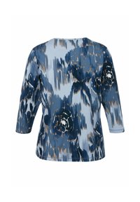 Blaues, braunes und weißes abstraktes Hemd mit Blumenmuster, dreiviertellangen Ärmeln und rundem Ausschnitt, von hinten gezeigt.