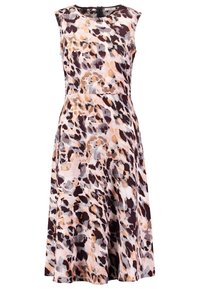 Ärml dress med ett flerfärgat abstrakt mönster i nyanser av lila, beige och grått. A-linjeformat med en mjuk tygkvalitet.