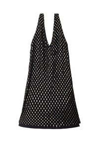 Abito nero senza maniche con scollatura a V profonda e un motivo di piccoli punti metallici dorati verticali sparsi.