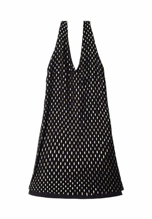 Vestido negro de tirantes con escote en V profundo y un patrón de pequeños puntos metálicos dorados verticales dispersos.