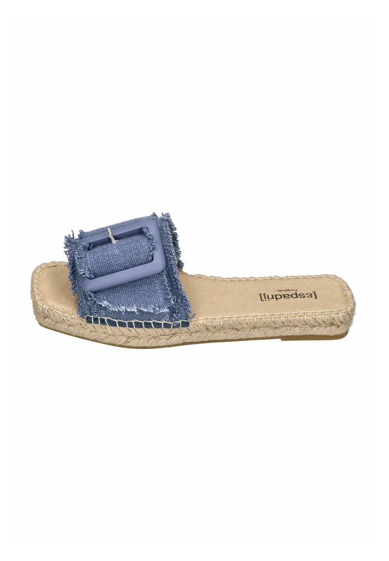 Denim slide sandal with frayed blue fabric upper, buckle accent, and jute-wrapped sole. Flat design with open toe and beige footbed.
