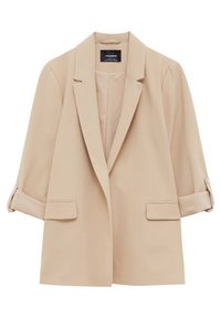Beige takki, jossa on muotoiltu istuvuus, lovet lapelit, kaksi etutaskua ja käännetyt hihansuut. Valmistettu sileästä, kevyestä kankaasta.