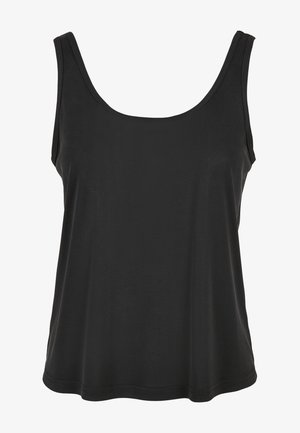 Musta hihaton toppi, jossa on pyöreä kaula-aukko, valmistettu pehmeästä kankaasta, rento malli ja ilman näkyviä logoja tai kuvioita.