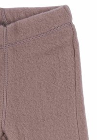 Fleece pants in a muted lavender color with a soft texture, visible stitching details, and an elastic waistband.