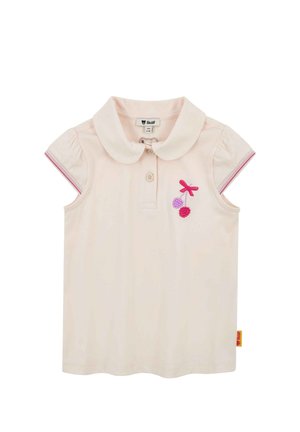 Hellrosa Poloshirt mit kurzen Ärmeln, einem Kragen und einer Knopfleiste. Mit einem gestickten Kirschdesign in Pink- und Lilatönen verziert.