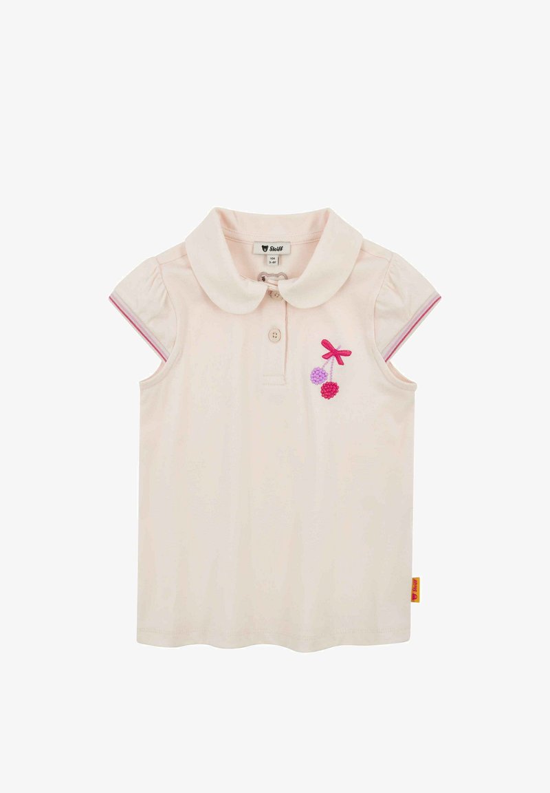 Polo rose pâle à manches courtes, avec un col et une patte de boutonnage. Présente un motif brodé de cerise avec des accents roses et violets.