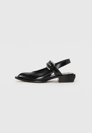 Pantofii slingback din piele neagră au un vârf ascuțit, toc pătrat și o curea cu cataramă ajustabilă. Textura netedă și designul minimalist îi conferă un aspect elegant.