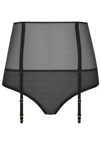 Culotte haute en maille noire avec bretelles et garniture noire contrastante. Caractéristiques des bretelles réglables et des accents en métal doré.