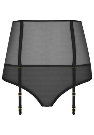 Porte-jarretelles en maille noire taille haute avec bretelles réglables et ferrures dorées sur fond blanc.