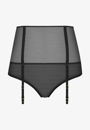 Porte-jarretelles en maille noire taille haute avec bretelles réglables et ferrures dorées sur fond blanc.