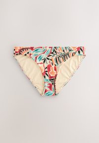 Bas de bikini femme avec un motif floral abstrait coloré en rouge, bleu sarcelle, noir et beige sur fond clair.