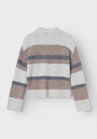 Megzta megztinis su sutrumpintu dizainu, pilkos, taupe ir jūros gilių juostų. Su raukšlėtu apykakle ir apačia, minkšta tekstūra ir ilgomis rankovėmis.