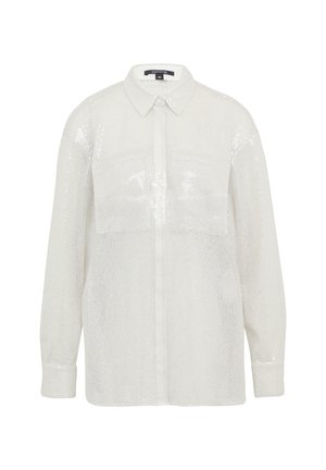 Witte paillettenoverhemd met een kraag, voorzien van twee borstzakken, lange mouwen en een relaxte pasvorm. Getextureerd oppervlak met een lichte glans.