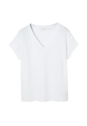 T-shirt bianca a maniche corte con scollo a V e piccola etichetta del marchio all'interno del collo, mostrata su sfondo bianco.