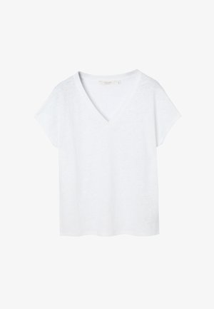 T-shirt bianca a maniche corte con scollo a V e piccola etichetta del marchio all'interno del collo, mostrata su sfondo bianco.