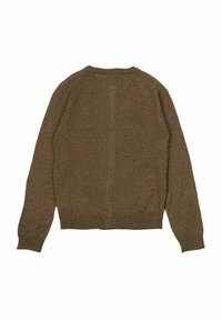 Pulover tricotat maron cu gât rotund, mâneci lungi și margini ribbate. Prezintă un model texturat cu variații ușoare de culoare.