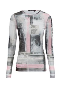 Langärmliges Oberteil mit einer Mischung aus grauen, rosa und weißen Mustern sowie Texteelementen. Hergestellt aus einem glatten, dehnbaren Stoff.