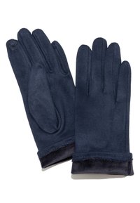 Marineblaue Handschuhe aus weichem Material, mit einem klassischen Design mit vier Fingern und einem umgeschlagenen Saum. Strukturierte Oberfläche mit glatter Fütterung.