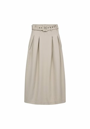Falda midi beige de cintura alta, con pliegues, bolsillos laterales y cinturón a juego con hebilla rectangular.