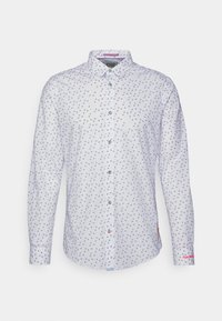 Biała koszula z długim rękawem w drobny niebieski kwiatowy wzór, z kołnierzykiem na guziki, zapięciem na guziki z przodu oraz małym logo na mankiecie.