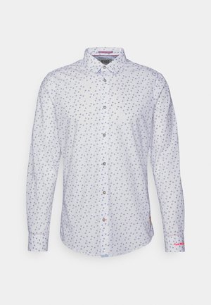 Weißes Langarmhemd mit kleinen blauen Blumenmustern, Button-Down-Kragen, Knöpfen vorne und kleinem Logo-Akzent an der Manschette.