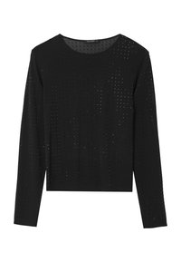 Schwarzes Langarmshirt mit Rundhalsausschnitt, das ein strukturiertes Muster aus kleinen, gleichmäßig verteilten Löchern auf dem Stoff zeigt.