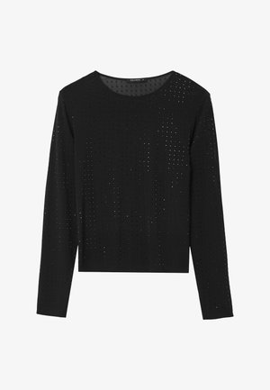 Schwarzes Langarmshirt mit Rundhalsausschnitt, das ein strukturiertes Muster aus kleinen, gleichmäßig verteilten Löchern auf dem Stoff zeigt.