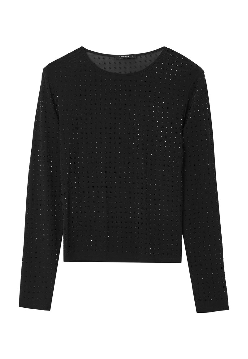 Schwarzes Langarmshirt mit Rundhalsausschnitt, das ein strukturiertes Muster aus kleinen, gleichmäßig verteilten Löchern auf dem Stoff zeigt.