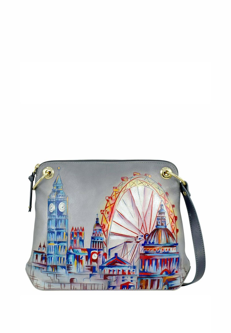 Leren handtas met een grijze basis en een kleurrijk ontwerp van de Londense skyline, met Big Ben en het London Eye in levendige kleuren.