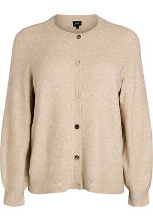 Béžový pletený kardigán s dlhými rukávmi, okrúhlym výstrihom, rebrovanými manžetami a spodným lemom, a šiestimi mramorovanými gombíkmi vpredu.
