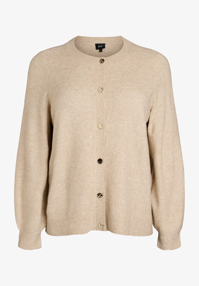 Beežist kootud kardigan pikkade varrukatega, ümar kaelus, soonikkoes mansetid ja alläär ning kuus marmoritunked ees allapoole.