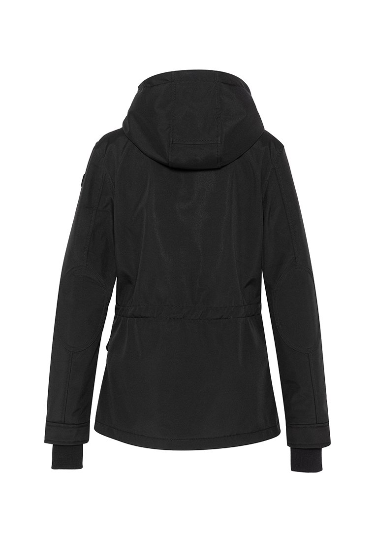 Veste noire imperméable avec capuche, taille élastique et poignets. Présente une texture lisse et des renforts aux coudes.