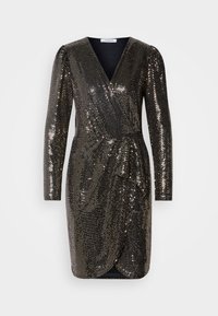 Robe courte noire à manches longues avec un décolleté en V profond, un devant drapé et des ornements en paillettes dorées sur l'ensemble.