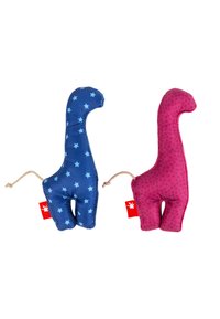 Soft dinosaur plush toys in blue with star patterns and pink with polka dots. Each has a fabric loop for easy handling.
