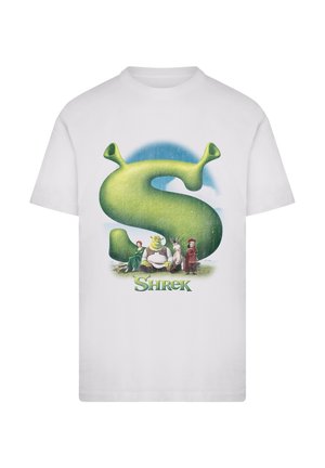 Bílé tričko s velkým zeleným písmenem „S“ a postavami ze Shreka, potištěné na přední straně pestrými barvami. Bavlněný materiál.
