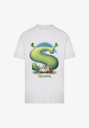 Hvid T-shirt med et stort grønt bogstav "S" og figurer fra Shrek, trykt i levende farver på forsiden. Bomulds materiale.
