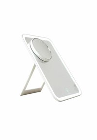 White wireless charging stand with a sleek rectangular design, smooth surface, circular charging pad, and a triangular support at the back.
