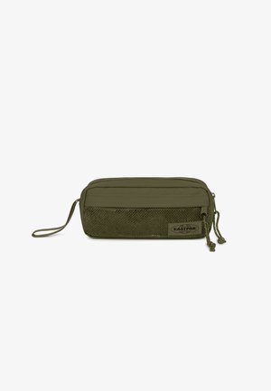 Olivově zelená peněženková taška s mřížkovým dnem, dvěma zipovými přihrádkami a nosným popruhem. Na boku je logo Eastpak.