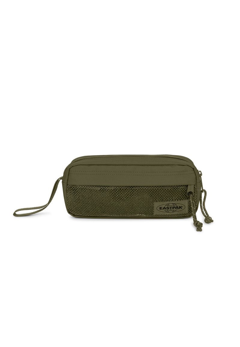 Astuccio verde oliva con fondo in rete, due scomparti con zip e una tracolla. Presenta il logo Eastpak sul lato.