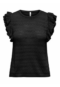 Top corto nero a maniche corte con maniche arricciate, tessuto testurizzato con un design a motivo e scollo rotondo.