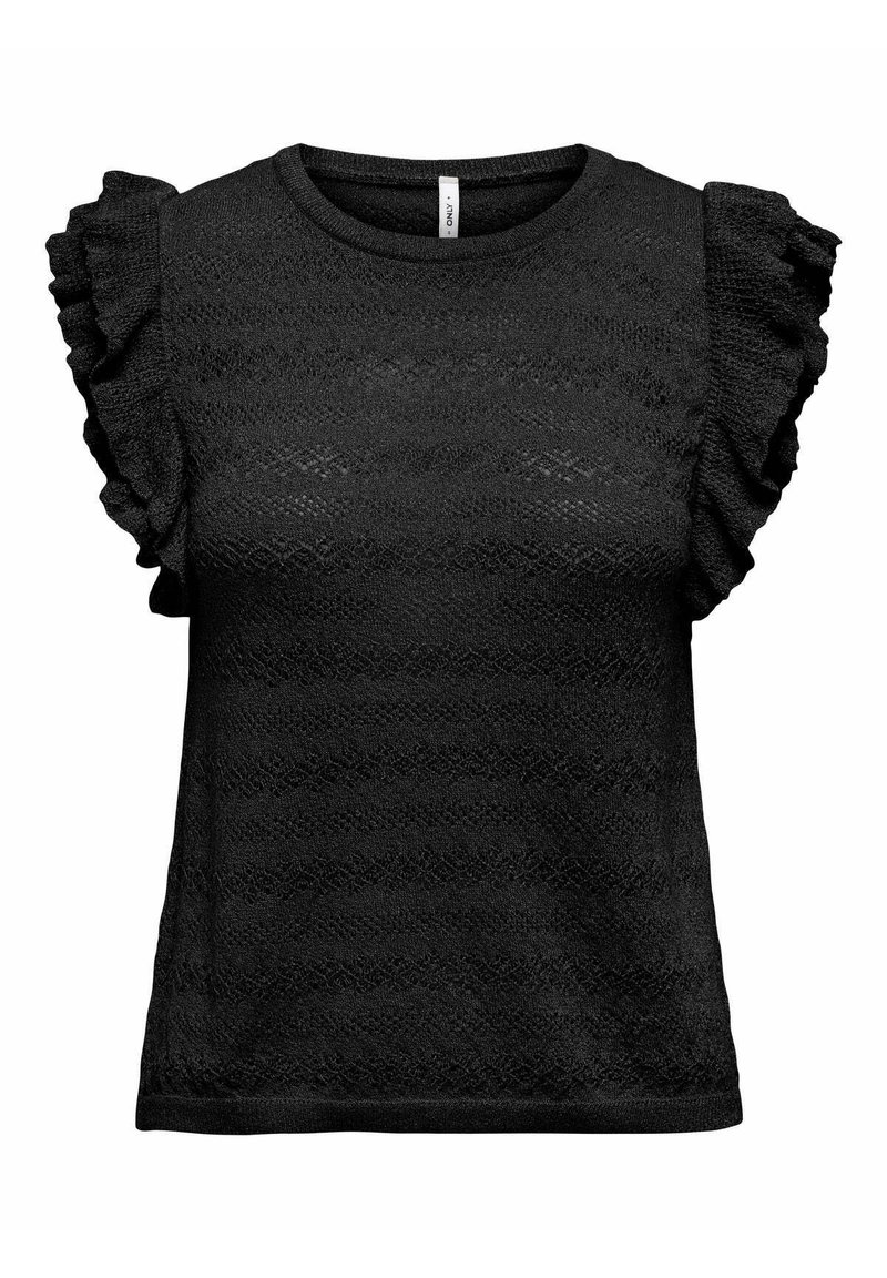 Top corto nero a maniche corte con maniche arricciate, tessuto testurizzato con un design a motivo e scollo rotondo.