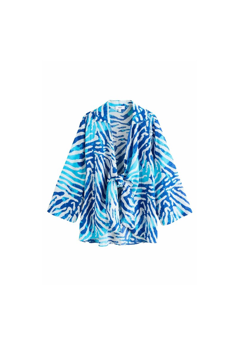 Blaues und türkisfarbenes Kimono-Jacket mit Zebra-Print, aus leichtem Stoff, mit langen Ärmeln und einem Knoten-Detail vorne. Einfache, lockere Passform.